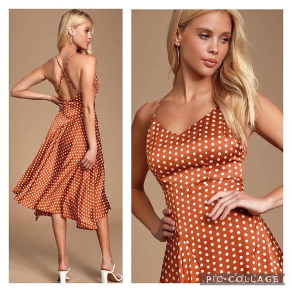 Lulu’s “Bellamy” Rust Brown Polka Dot Backless Dress - Picture 2 of 2